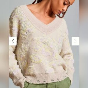 Anthropologie XL Oversized Chunky Textured V-Neck Sweater Distressed Boxy Fluffy